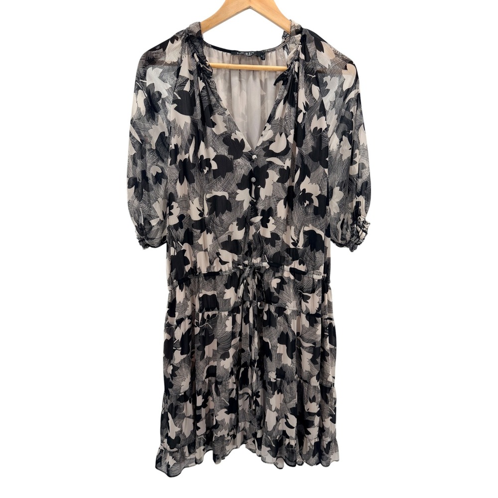 Lauren Ralph Lauren Chiffon Dress 16 Black White Abstract Floral Puff Sleeve